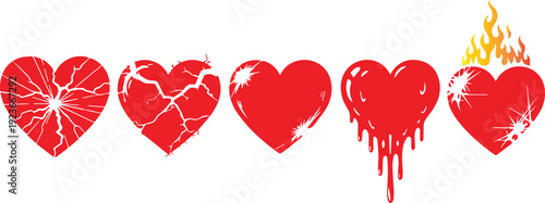 Five red hearts with different levels of damage and distress