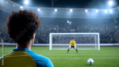 Focused football player preparing for penalty kick against goalkeeper on stadium field under bright lights during world cup 2026 championship match