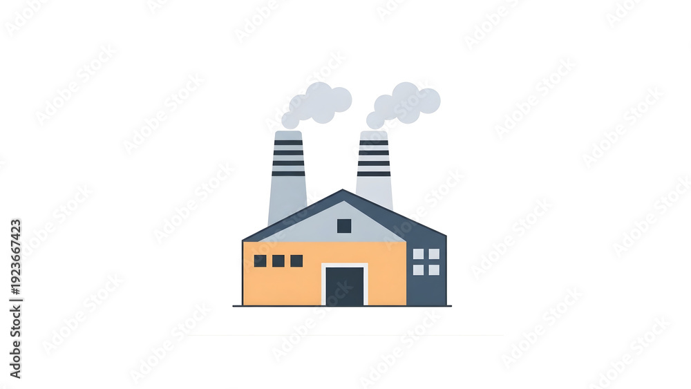 Fototapeta premium Factory Building Illustration with Smoking Chimneys and Gear Icon in Flat Line Art Style