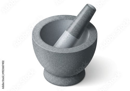 A gray stone mortar with a pestle inside, viewed from the side on a plain surface