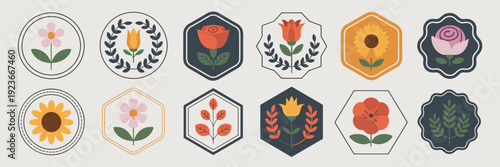 Vintage style seasonal flower badges - Suitable for boutique branding, garden club logos, or seasonal gift packaging.