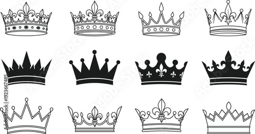 Vector set of black and white crown icons featuring royal medieval tiaras and heraldic king headwear isolated on white for luxury branding and awards (25 words)