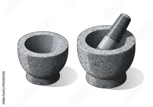 A grey stone mortar and pestle set displayed on a plain surface viewed from the front