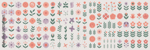 Modern flat floral vector icons set – Perfect for greeting cards, fabric prints, or digital wallpapers.