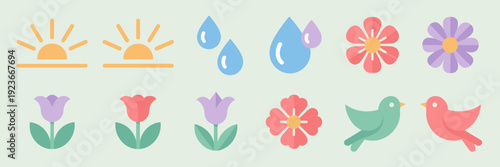 Spring sunrise and nature icon sheet – Suitable for environmental awareness, travel blogs, or sunrise-themed events.