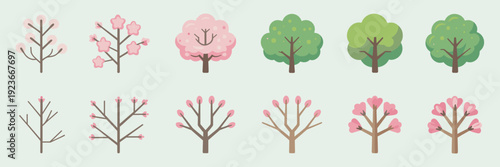 Flat design blooming tree vector icons – Great for cherry blossom festival ads, garden apps, or nature guides.