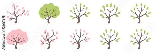 Line art blooming tree and branch icons – Perfect for minimalist branding, seasonal posters, or educational materials.