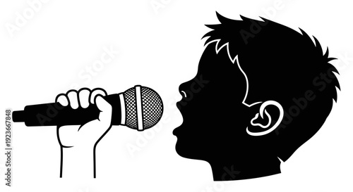 A boy sings into a microphone byo