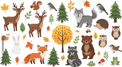 Cute forest animals collection with autumn leaves woodland vector illustration isolated background
