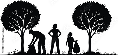 environment, cleanup, family, children, nature, trees, ecology, eco, green, recycle, recycling, trash, waste, volunteer, community, outdoor, silhouette, black, illustration, vector
