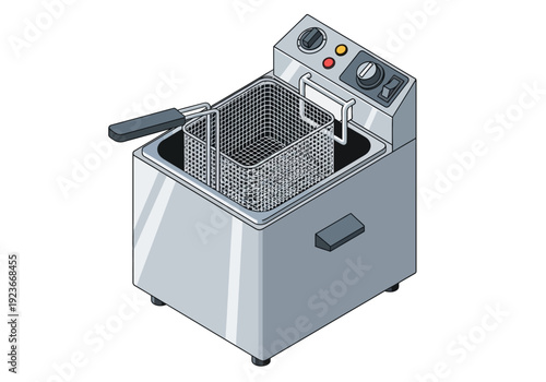 Deep fat fryer with control panel and basket, kitchen appliance, cooking equipment, isometric view, illustration