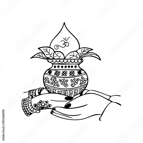 Traditional Hindu Kalash Hand Line Art Vector Illustration