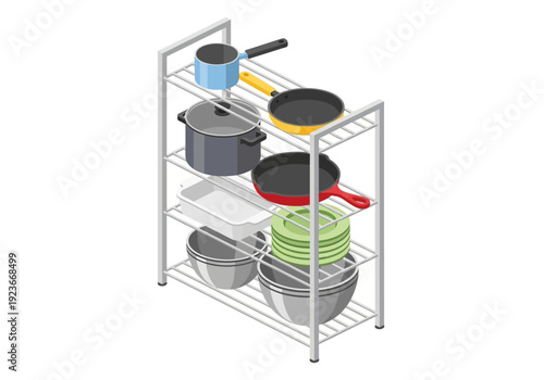 Kitchen utensils and cookware stacked on a metal shelving unit viewed from a slight angle