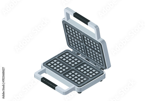 An open waffle iron with non-stick surfaces and handles is viewed from above on a clean surface