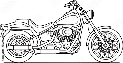 Black and white line art vector illustration of a classic heavy cruiser motorcycle featuring a detailed V-twin engine, exhaust pipes, and spoked wheels