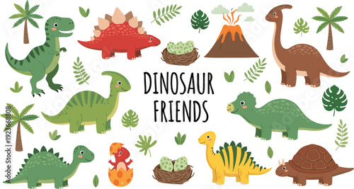 Cute dinosaur friends collection with prehistoric animals vector illustration isolated background