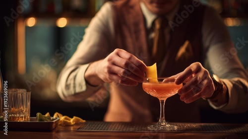 Wallpaper Mural Close view of mixologist adding citrus twist to prepared drink on bar counter. Torontodigital.ca