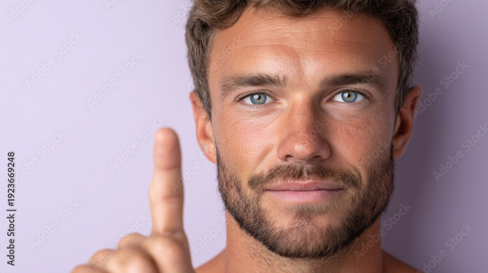 Fototapeta premium Young Man Pointing Upward with Confident Aspirational Expression