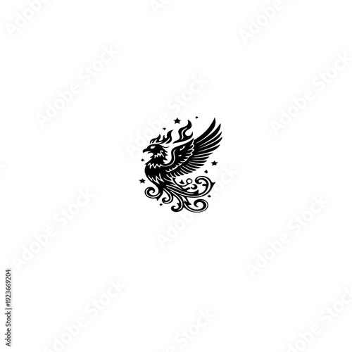 Majestic Phoenix Firebird Silhouette With Ornamental Wings And Stars For Adult Coloring Book