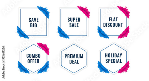 Discount label icon set. Includes save big, super sale, flat discount, combo offer, premium deal, holiday special. Created in flat style with colorful palette.