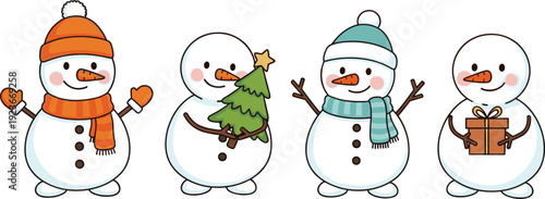 Cute Snowman Characters Set with Scarf Gift and Christmas Tree Vector Illustration