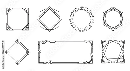 Geometric frame icon set. Includes square, diamond, hexagon, circle, and rectangle borders. Created in line style with black and white color palette.