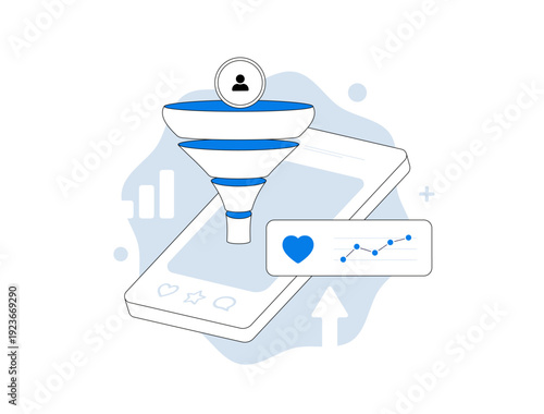 User engagement analytics funnel, social media conversion tracking with mobile dashboard and growth chart, digital marketing strategy for app advertising metrics, modern flat UI, vector illustration