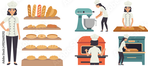 Female baker preparing bread and pastries in bakery kitchen with oven and mixer flat vector illustration set