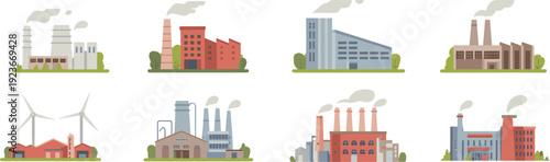 Industrial factory and power plant buildings collection with smokestacks wind turbines warehouses flat vector illustration isolated set