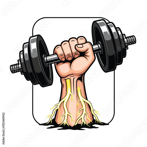 Strong hand holding dumbbell with roots, symbolizing fitness and resilience