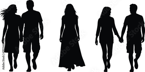 Set of black silhouettes featuring young couples holding hands and walking together alongside a lone woman in a long dress for lifestyle and relationship concepts