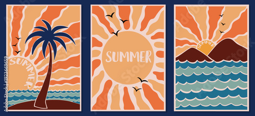 Palm tree beach with sun and sea posters set. Collection of groovy, hippie summer cards. Abstract retro poster in naive style. Seventies, groovy background. Hippie Aesthetic. Vector print