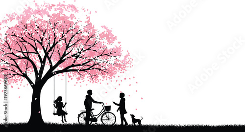 Family Sakura Tree Spring Silhouette Children Love Nature Blossom Pink Bicycle Swing Dog Park Landscape Illustration Vector Art Peaceful