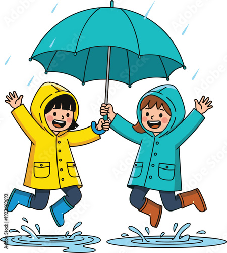 Two happy children jumping in rain puddles wearing yellow and blue raincoats with umbrella for weather concept and autumn seasonal vector design