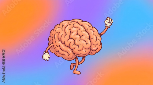a cheerful cartoon brain character walks confidently with one arm raised against a vibrant orange and blue gradient