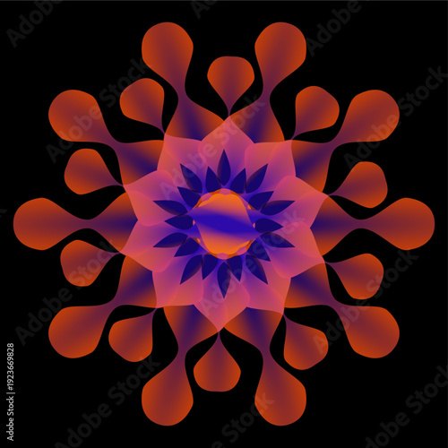 Abstract orange and red flower illustration featuring a glowing flame design with fractal textures and bokeh light shapes on a dark black 3d background