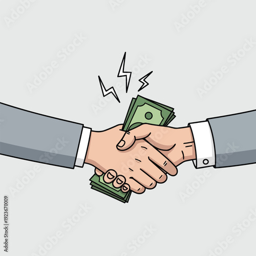 Business Handshake with Cash Exchange and Lightning Bolt
