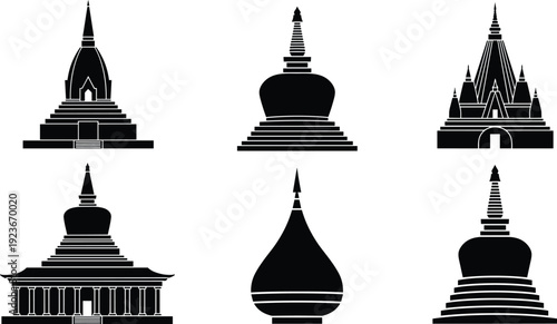 Set of black silhouettes featuring traditional Buddhist pagodas and stupas with intricate spires and tiered bases for religious architecture and Asian travel concepts