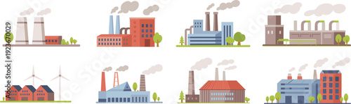 Industrial factory buildings collection with chimneys smoke warehouses power plants and manufacturing facilities flat vector illustration isolated set