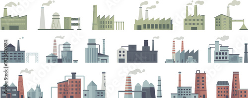 Industrial factory buildings collection with smokestacks, warehouses and power plants flat vector illustration set isolated on light background