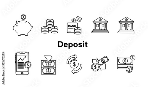 Financial Deposit and Savings Icon Vector Set in Minimalist Line Style for Web and Apps