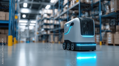 Autonomous delivery robot navigating through a modern warehouse with shelves full of cardboard boxes and industrial equipment