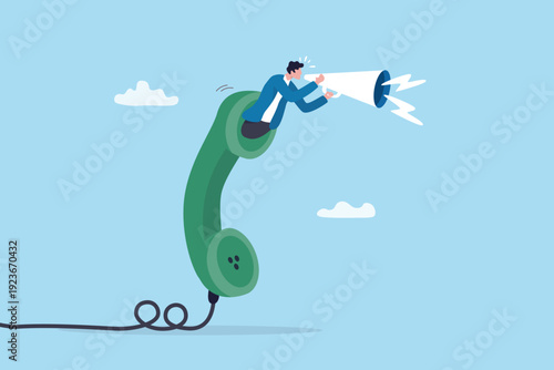 Telephone communication, phone call meeting, marketing promotion announcement contact, sending message, notice or news, businessman talking on megaphone communicate from telephone buzz line.