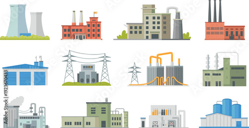 Industrial power plants and factory buildings collection with smokestacks, transformers and warehouses flat vector illustration isolated background