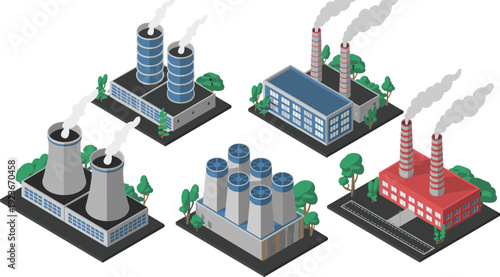 Isometric industrial factories and power plants with cooling towers smokestacks warehouses energy facilities vector illustration isolated set
