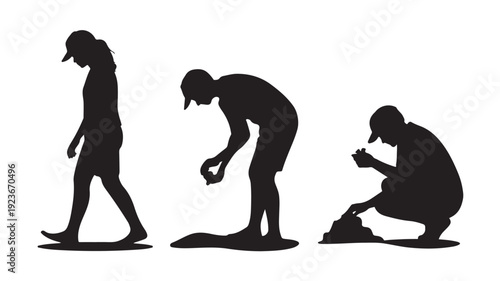 Silhouette Of Three People Picking Up Trash In Park For Environmental Conservation And Cleanup Concept