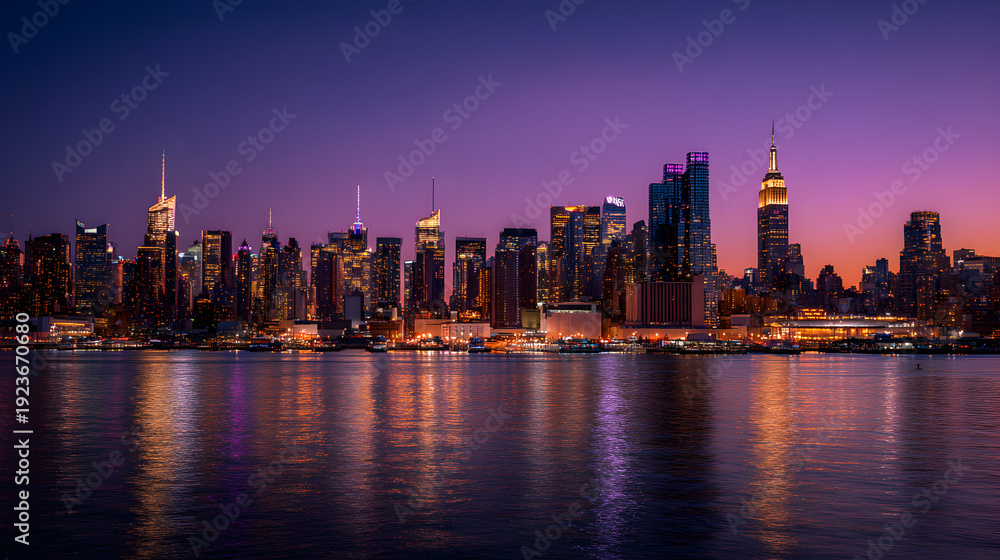 Fototapeta premium Manhattan Waterfront Panorama During Blue Hour with Illuminated Skyscrapers