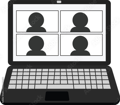 Vector illustration of a laptop showing a virtual video conference with four participants on the screen. Concept of online meeting, remote work, video call, webinar, and digital communication.