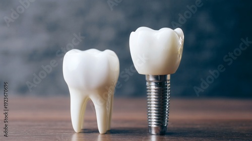 Wallpaper Mural Comparison of real tooth model and implant with ceramic crown on wooden surface. Torontodigital.ca