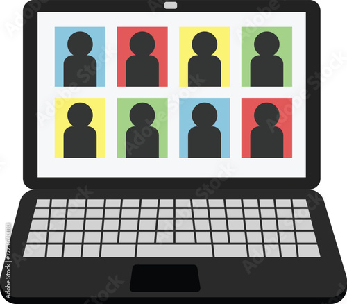 Vector illustration of a laptop displaying multiple user profile avatars arranged in a grid on the screen. Concept of online recruitment, candidate selection, and human resources technology.
